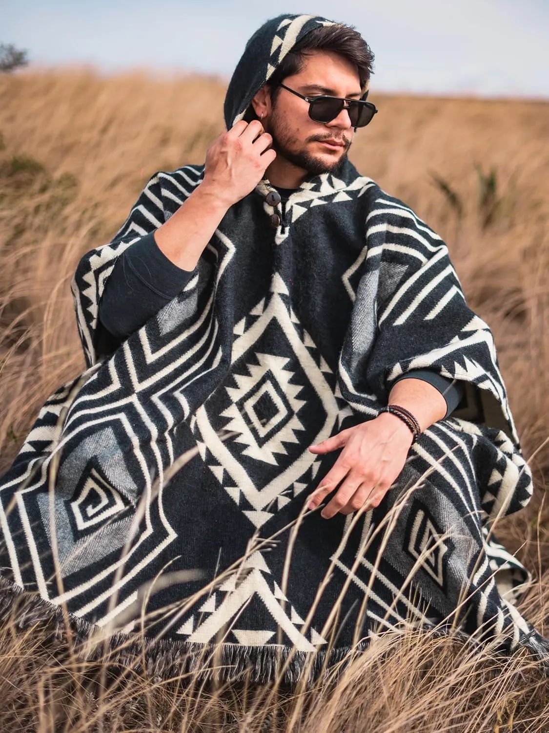 Adult Ponchos with Hood  Alpaca Wool Poncho Men  Cowboy Poncho for Men  Handmade Andean Gaban  Mexican Style Design