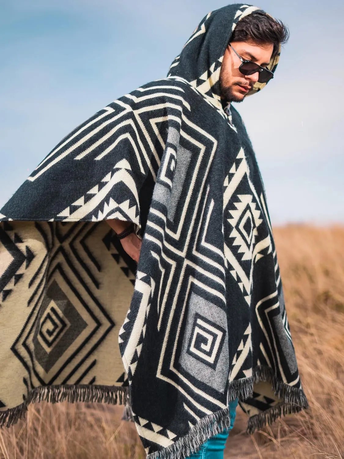 Adult Ponchos with Hood  Alpaca Wool Poncho Men  Cowboy Poncho for Men  Handmade Andean Gaban  Mexican Style Design