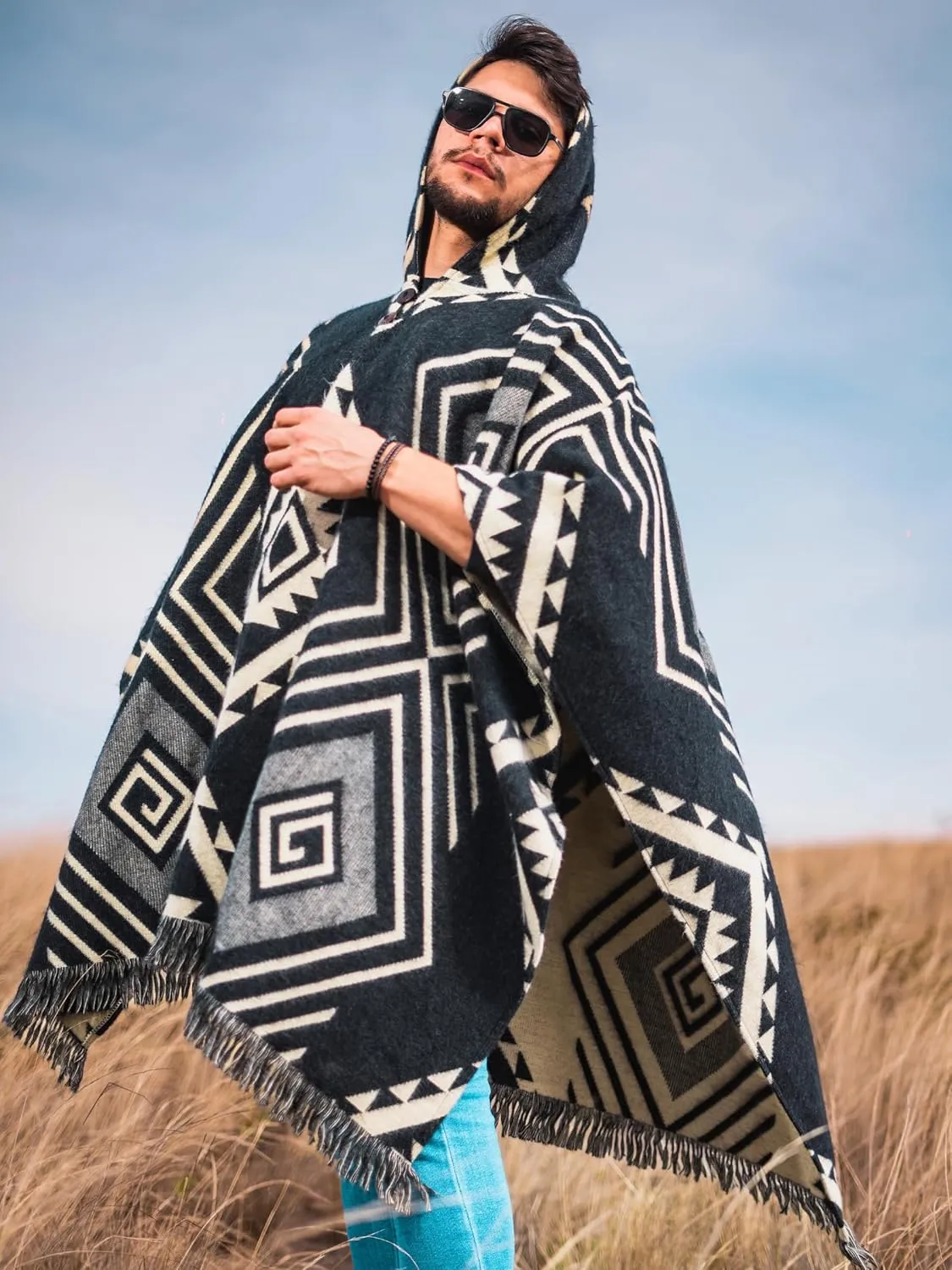 Adult Ponchos with Hood  Alpaca Wool Poncho Men  Cowboy Poncho for Men  Handmade Andean Gaban  Mexican Style Design