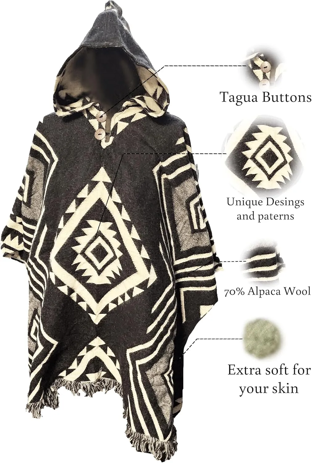 Adult Ponchos with Hood  Alpaca Wool Poncho Men  Cowboy Poncho for Men  Handmade Andean Gaban  Mexican Style Design