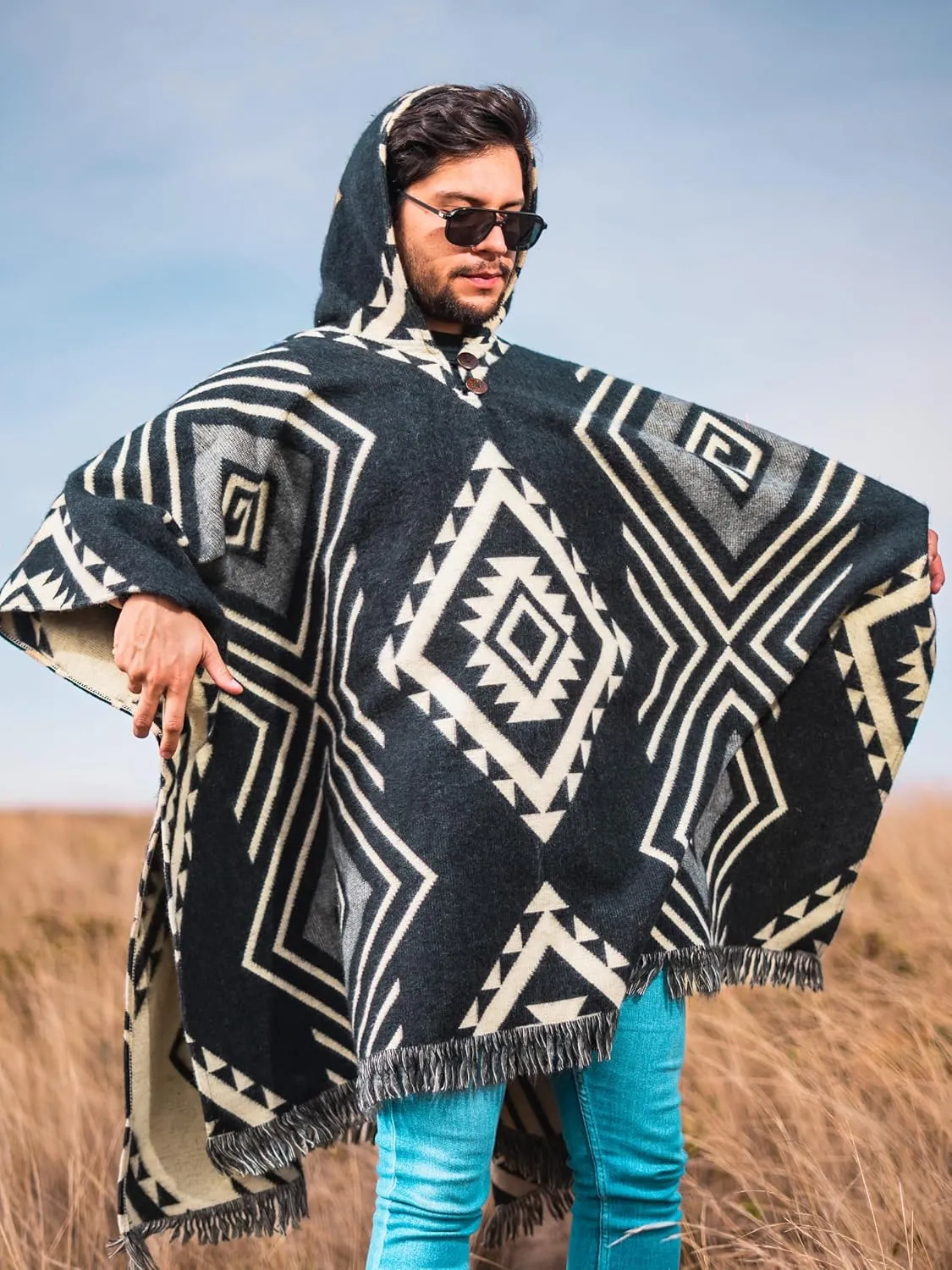Adult Ponchos with Hood  Alpaca Wool Poncho Men  Cowboy Poncho for Men  Handmade Andean Gaban  Mexican Style Design