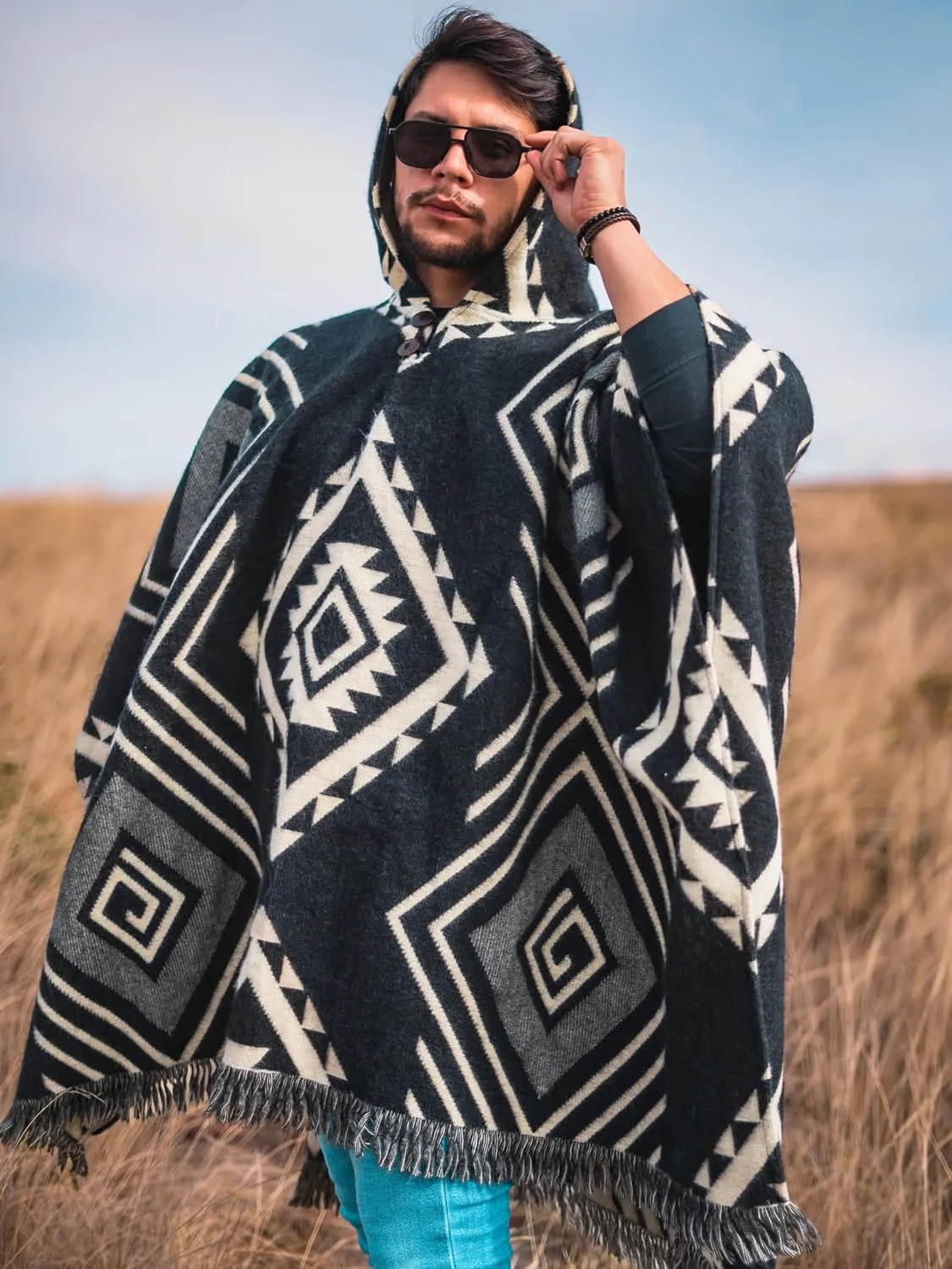 Adult Ponchos with Hood  Alpaca Wool Poncho Men  Cowboy Poncho for Men  Handmade Andean Gaban  Mexican Style Design