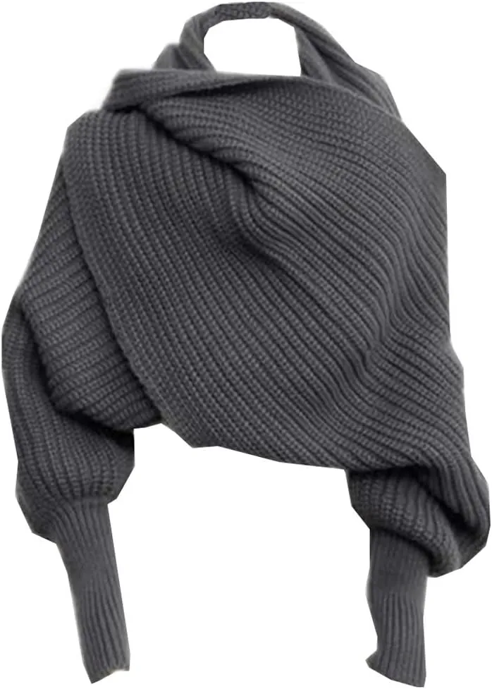 Autumn Winter Warm Knitted Crochet Scarf Wrap Shawl Cape with Sleeves Blanket for Women Fashion