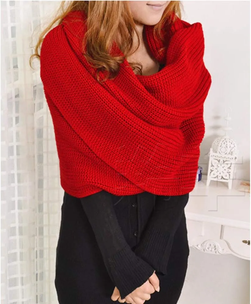 Autumn Winter Warm Knitted Crochet Scarf Wrap Shawl Cape with Sleeves Blanket for Women Fashion