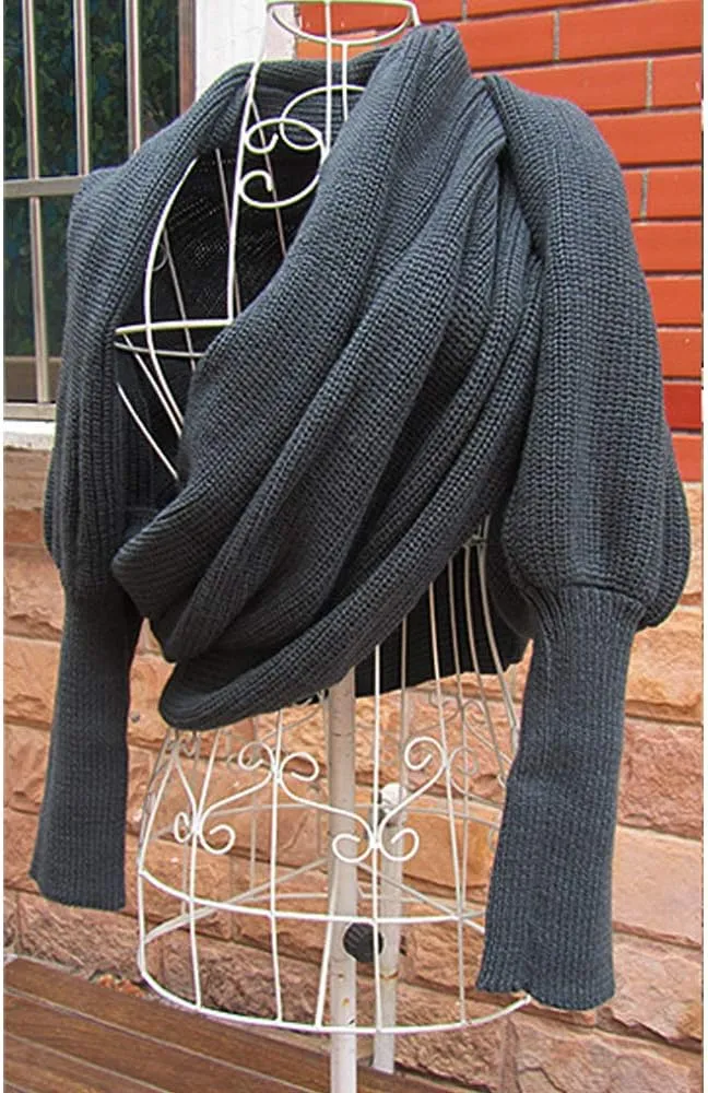 Autumn Winter Warm Knitted Crochet Scarf Wrap Shawl Cape with Sleeves Blanket for Women Fashion