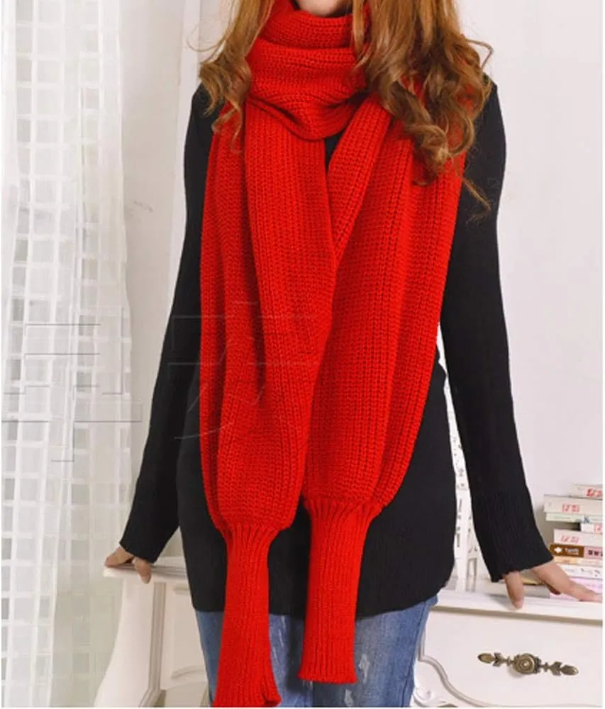 Autumn Winter Warm Knitted Crochet Scarf Wrap Shawl Cape with Sleeves Blanket for Women Fashion