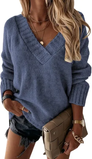 EVALESS Oversized Sweaters for Women Sexy Deep V Neck Long Sleeve Cable Knit Sweater Loose Jumper Tunic Pullover Tops