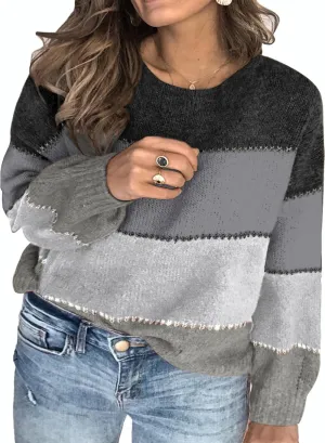 Eytino Womens Plus Size Sweaters Casual Long Sleeve Crewneck Color Block Knit Pullover Jumper Tops(1X-5X)