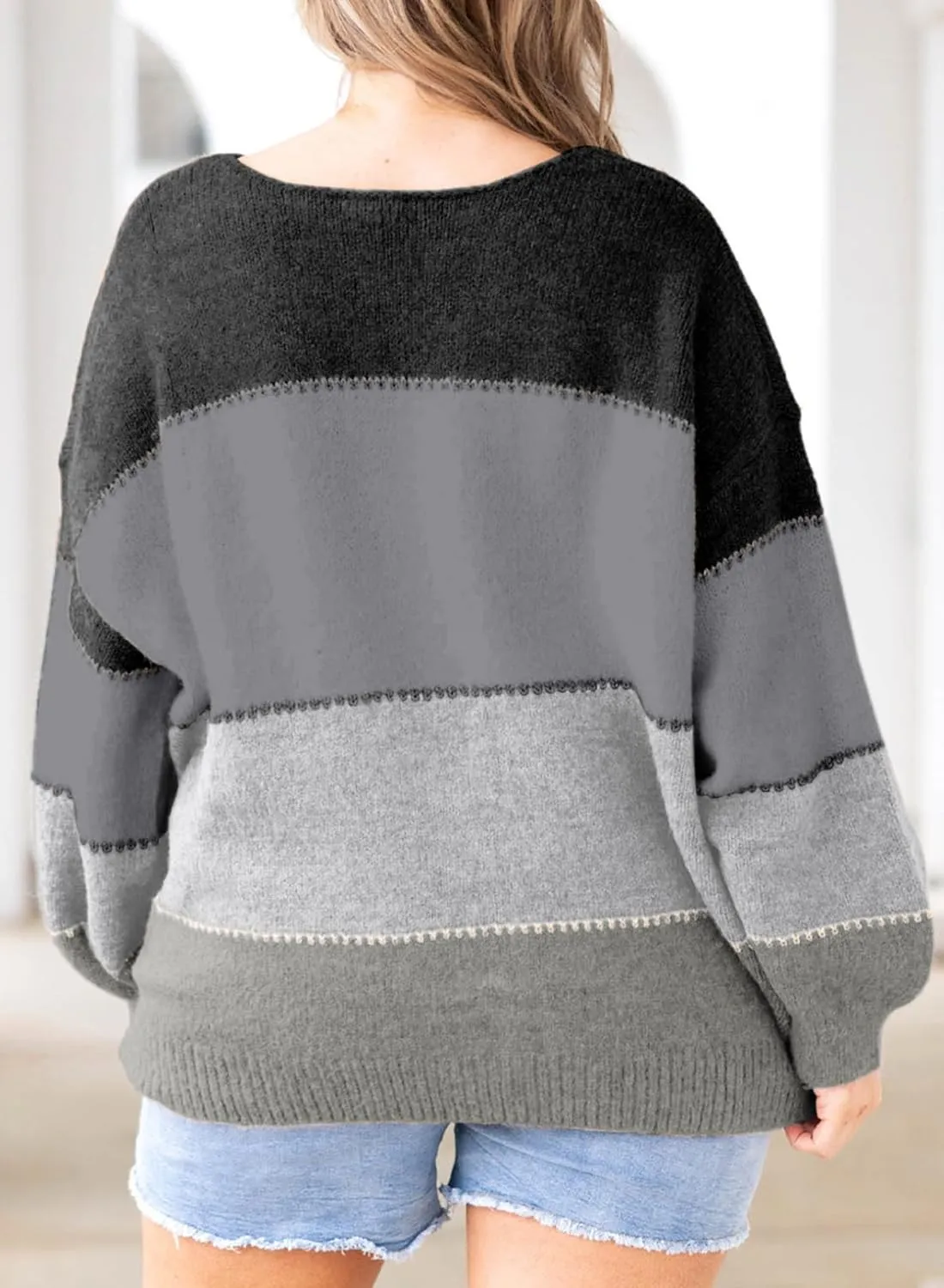 Eytino Womens Plus Size Sweaters Casual Long Sleeve Crewneck Color Block Knit Pullover Jumper Tops(1X-5X)