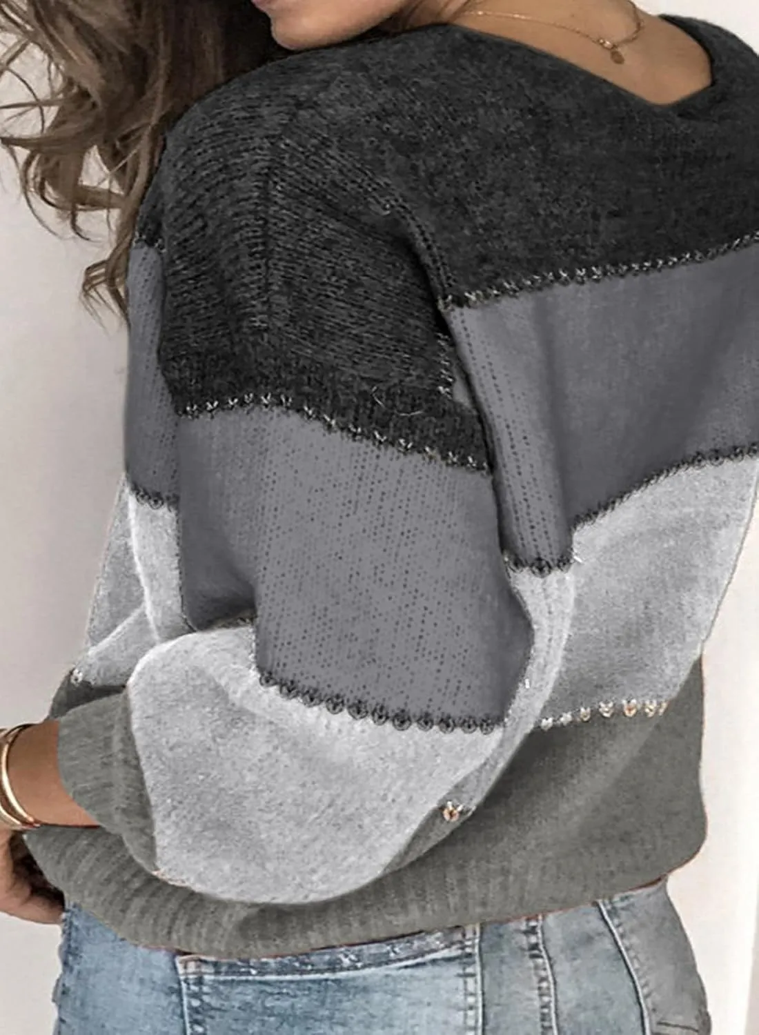 Eytino Womens Plus Size Sweaters Casual Long Sleeve Crewneck Color Block Knit Pullover Jumper Tops(1X-5X)