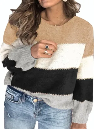 Eytino Womens Plus Size Sweaters Casual Long Sleeve Crewneck Color Block Knit Pullover Jumper Tops(1X-5X)