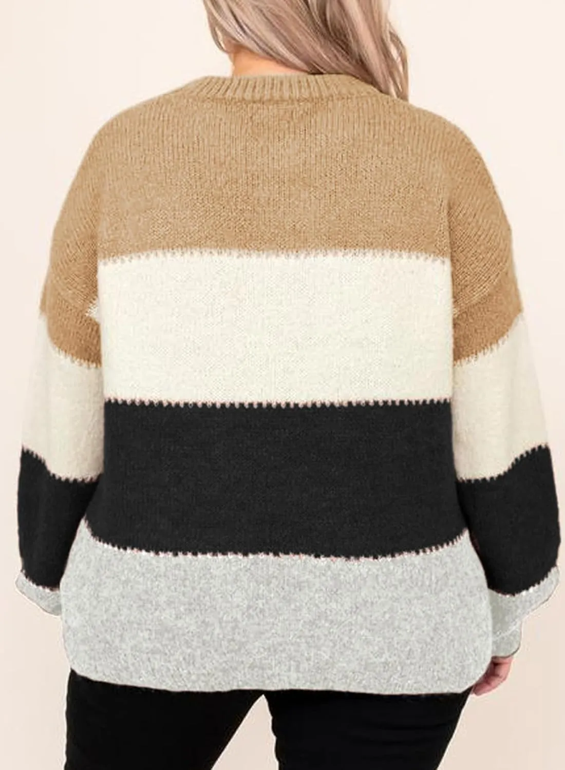 Eytino Womens Plus Size Sweaters Casual Long Sleeve Crewneck Color Block Knit Pullover Jumper Tops(1X-5X)