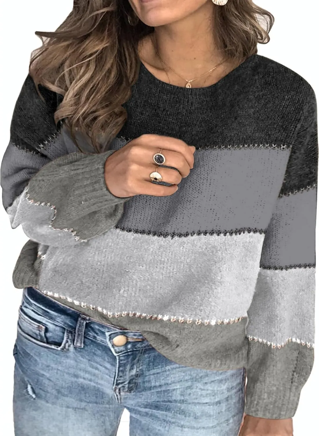 Eytino Womens Plus Size Sweaters Casual Long Sleeve Crewneck Color Block Knit Pullover Jumper Tops(1X-5X)