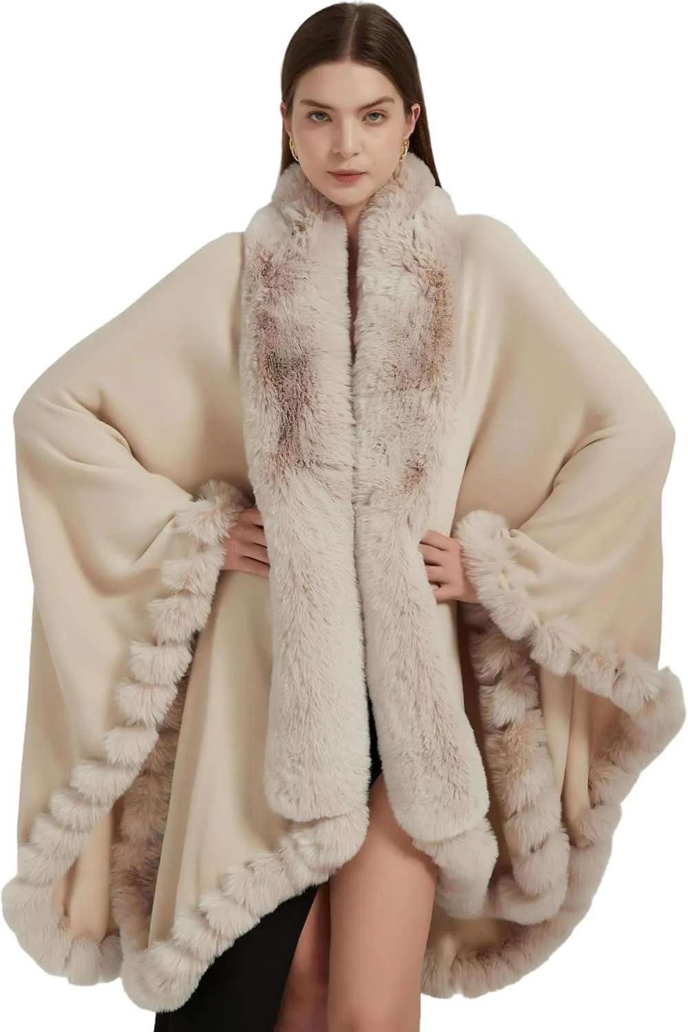 Faux Fox Fur Trim Cardigan Cloak Shawl Wraps Winter Poncho Oversized Cape