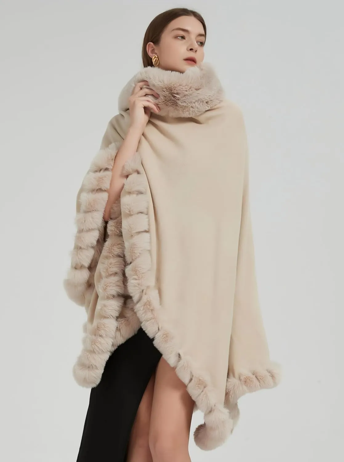 Faux Fox Fur Trim Cardigan Cloak Shawl Wraps Winter Poncho Oversized Cape