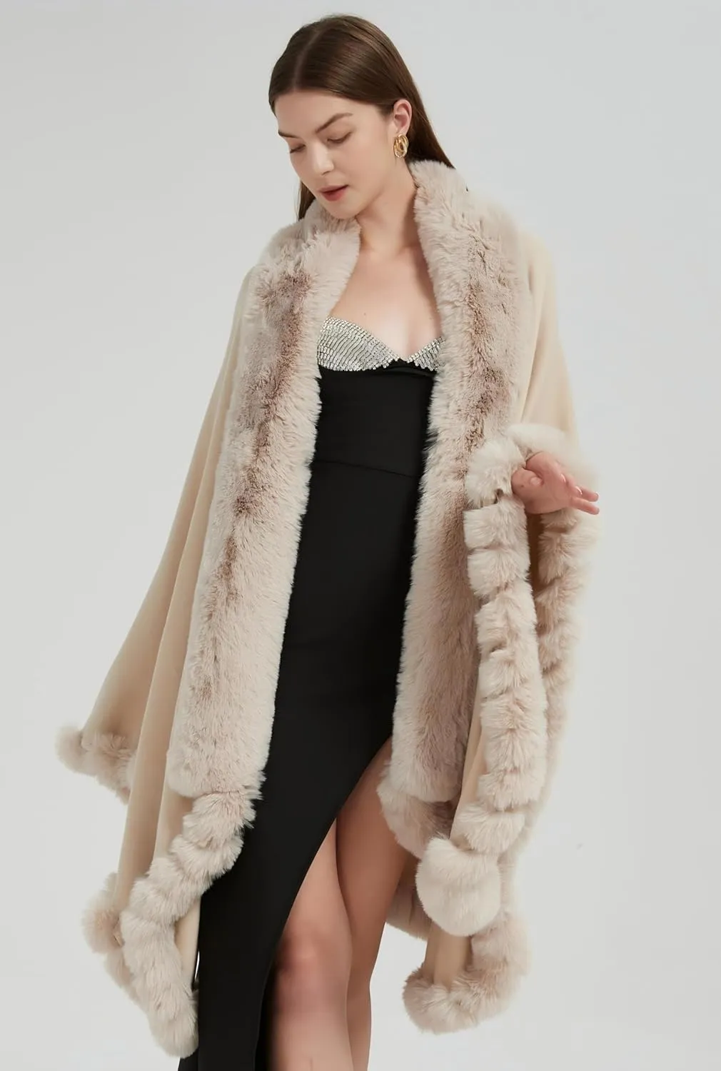 Faux Fox Fur Trim Cardigan Cloak Shawl Wraps Winter Poncho Oversized Cape