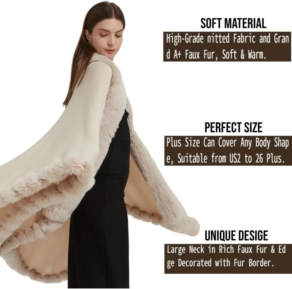 Faux Fox Fur Trim Cardigan Cloak Shawl Wraps Winter Poncho Oversized Cape
