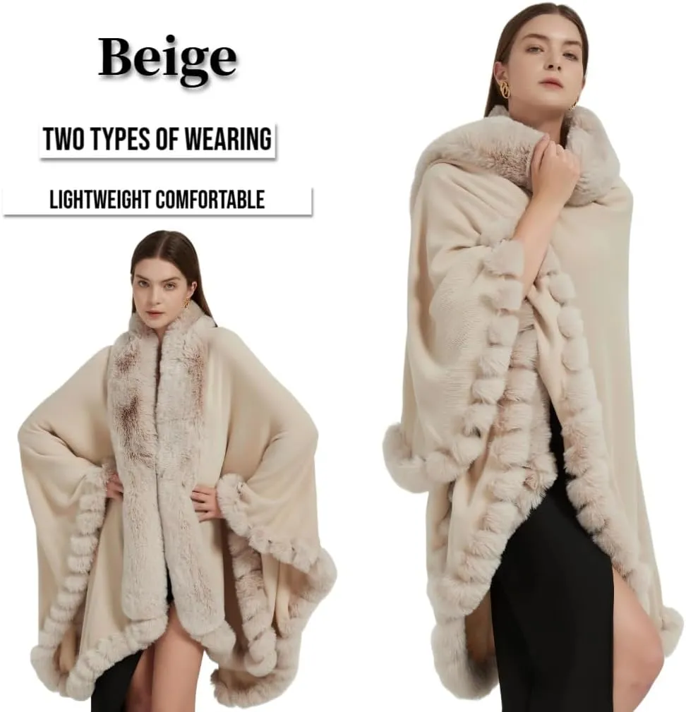 Faux Fox Fur Trim Cardigan Cloak Shawl Wraps Winter Poncho Oversized Cape