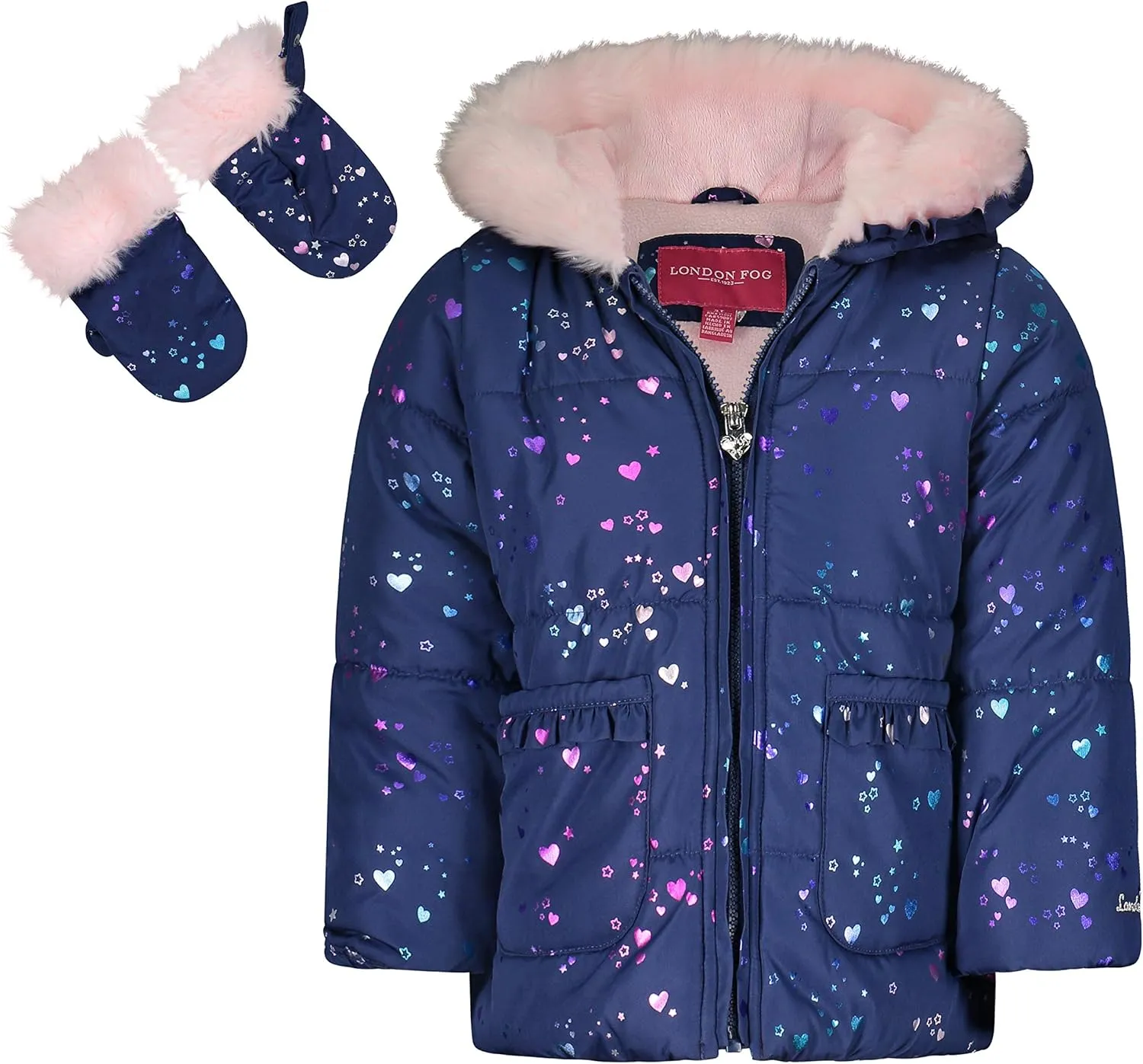 LONDON FOG girls Faux Fur Bottom and Hood Matte Shimmer Satin Jacket