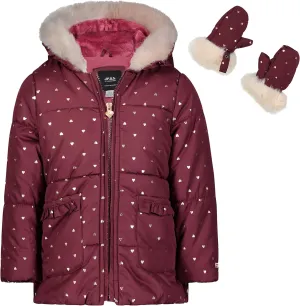 LONDON FOG girls Faux Fur Bottom and Hood Matte Shimmer Satin Jacket