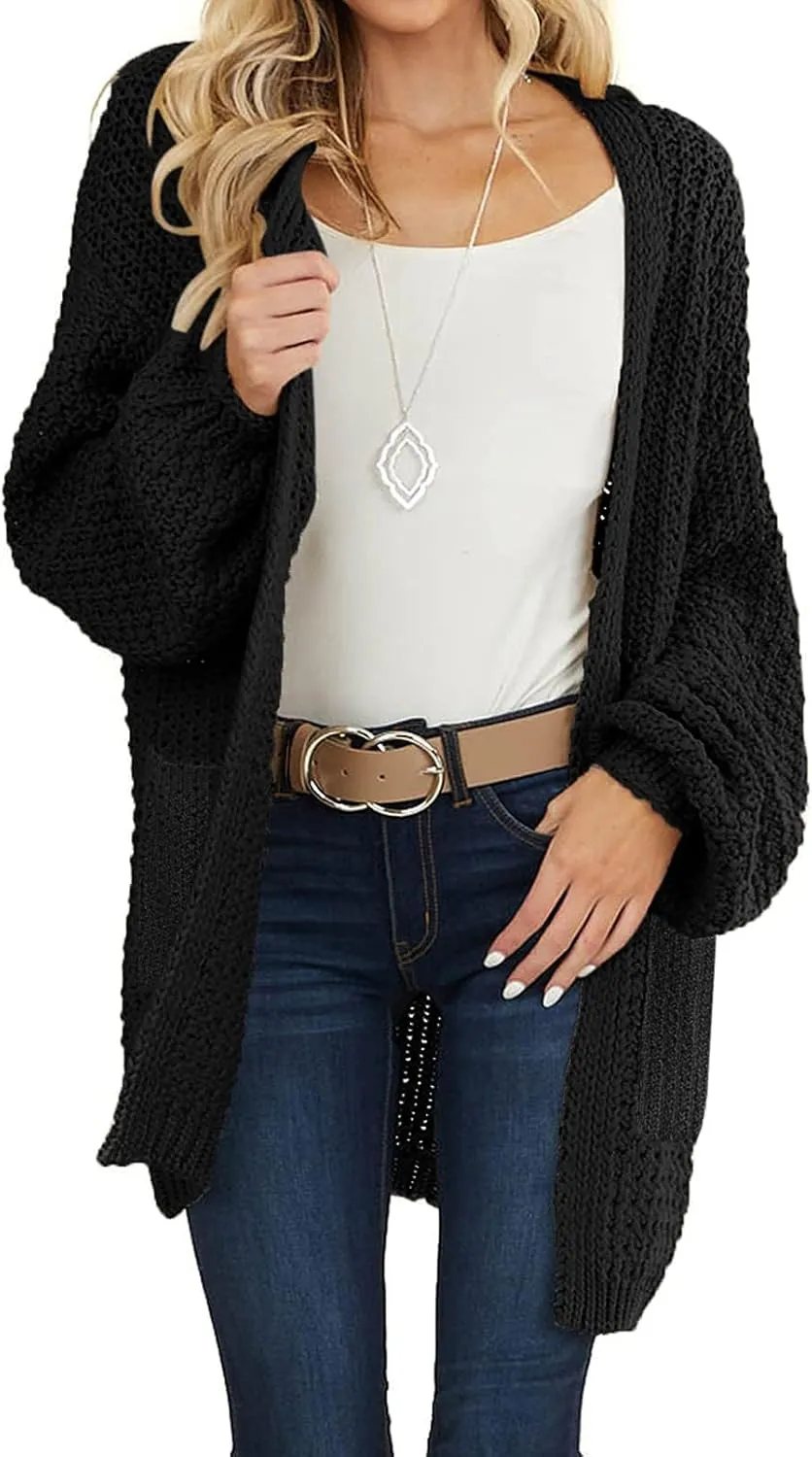 MEROKEETY Women's 2024 Fall Open Front Chunky Knit Sweater Oversized Lantern Sleeve Cardigan Outwear