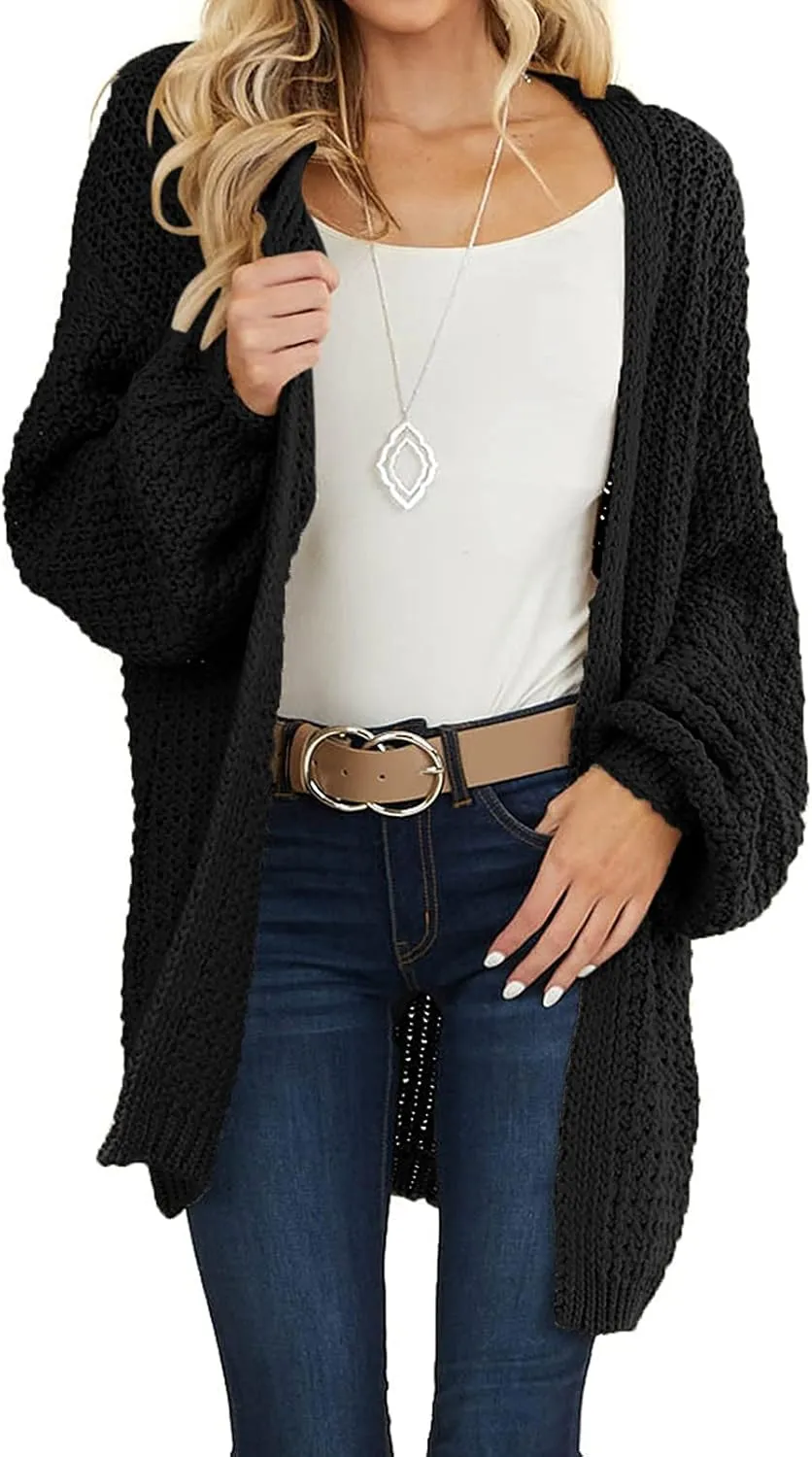 MEROKEETY Women's 2024 Fall Open Front Chunky Knit Sweater Oversized Lantern Sleeve Cardigan Outwear