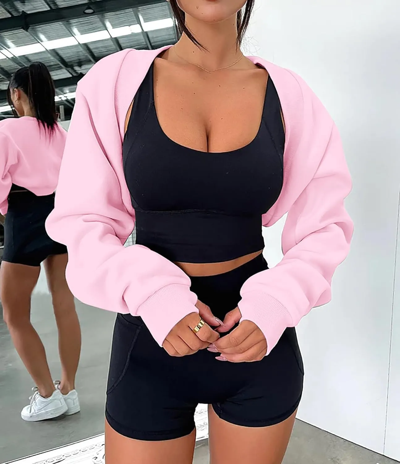 MISSACTIVER Women's Long Sleeve With Thumb Hole Bolero Shrug Top Open Front Fleece Loose Fit Cropped Shawl Sweatshirt Workout