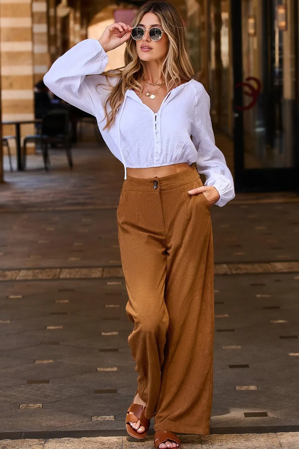Sidefeel Corduroy Pants for Women 2025 Casual High Waisted Double Buttoned Stretchy Loose Fit Wide Leg Pants with Pockets