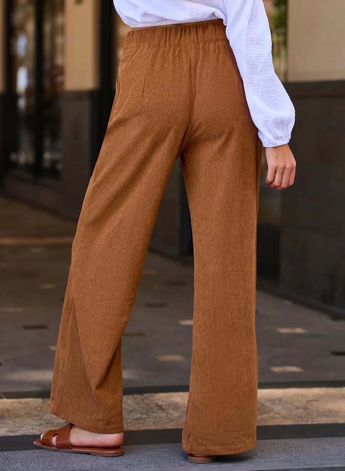 Sidefeel Corduroy Pants for Women 2025 Casual High Waisted Double Buttoned Stretchy Loose Fit Wide Leg Pants with Pockets