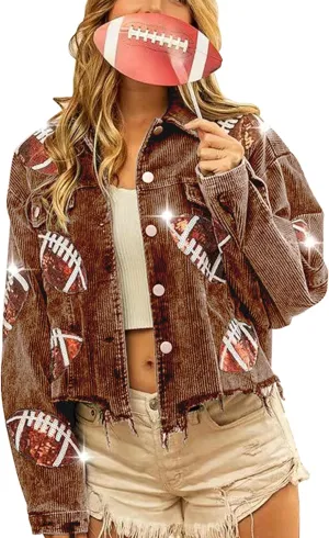 VAOYIU Women's Cropped Corduroy Jacket Rugby Sequin Washed Distressed Button Raw Hem Jacket Coat