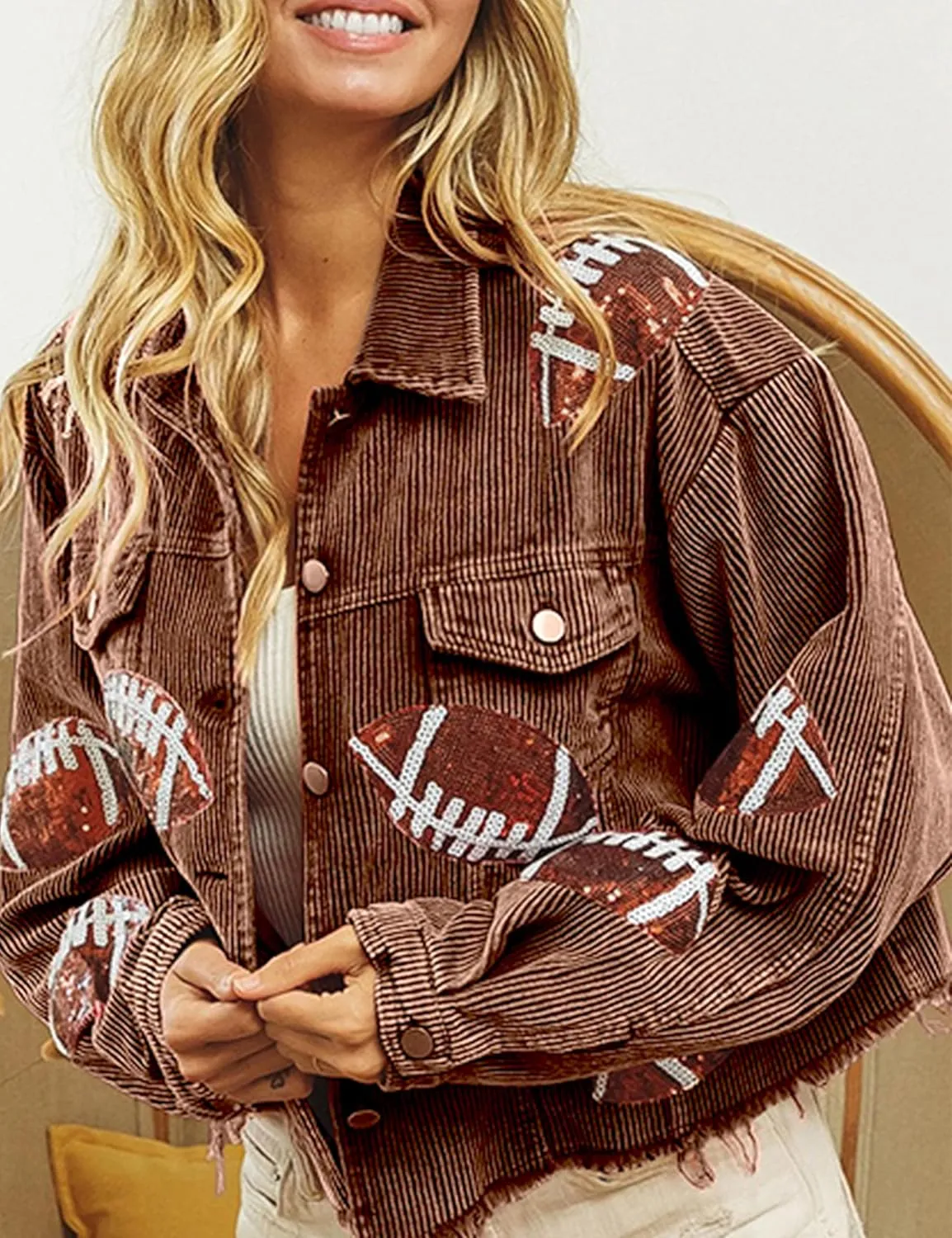 VAOYIU Women's Cropped Corduroy Jacket Rugby Sequin Washed Distressed Button Raw Hem Jacket Coat