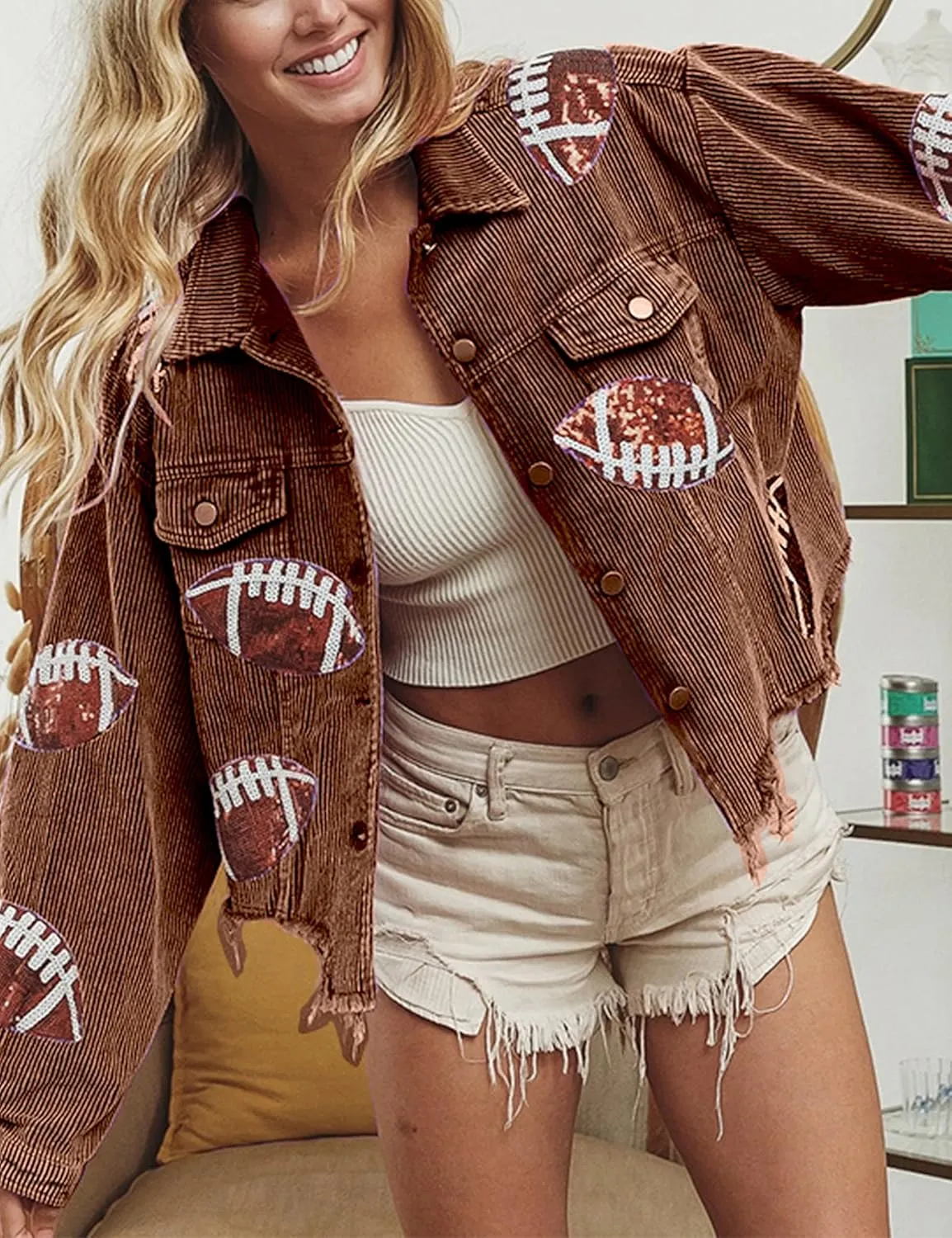 VAOYIU Women's Cropped Corduroy Jacket Rugby Sequin Washed Distressed Button Raw Hem Jacket Coat
