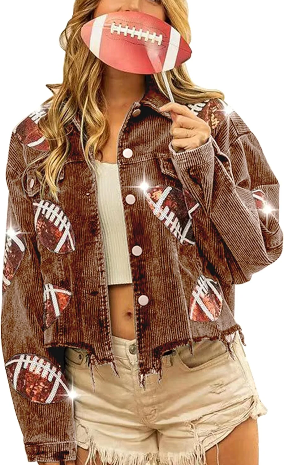 VAOYIU Women's Cropped Corduroy Jacket Rugby Sequin Washed Distressed Button Raw Hem Jacket Coat