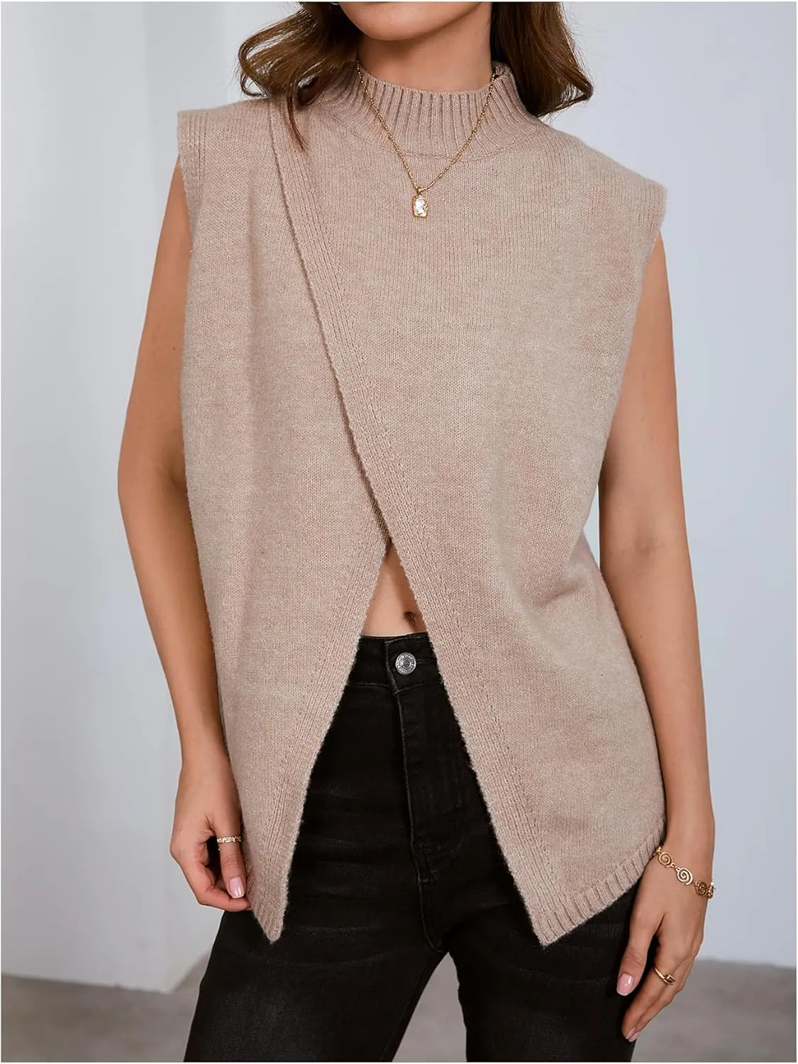 Verdusa Women's Mock Neck Sleeveless Split Wrap Sweater Vest Pullovers