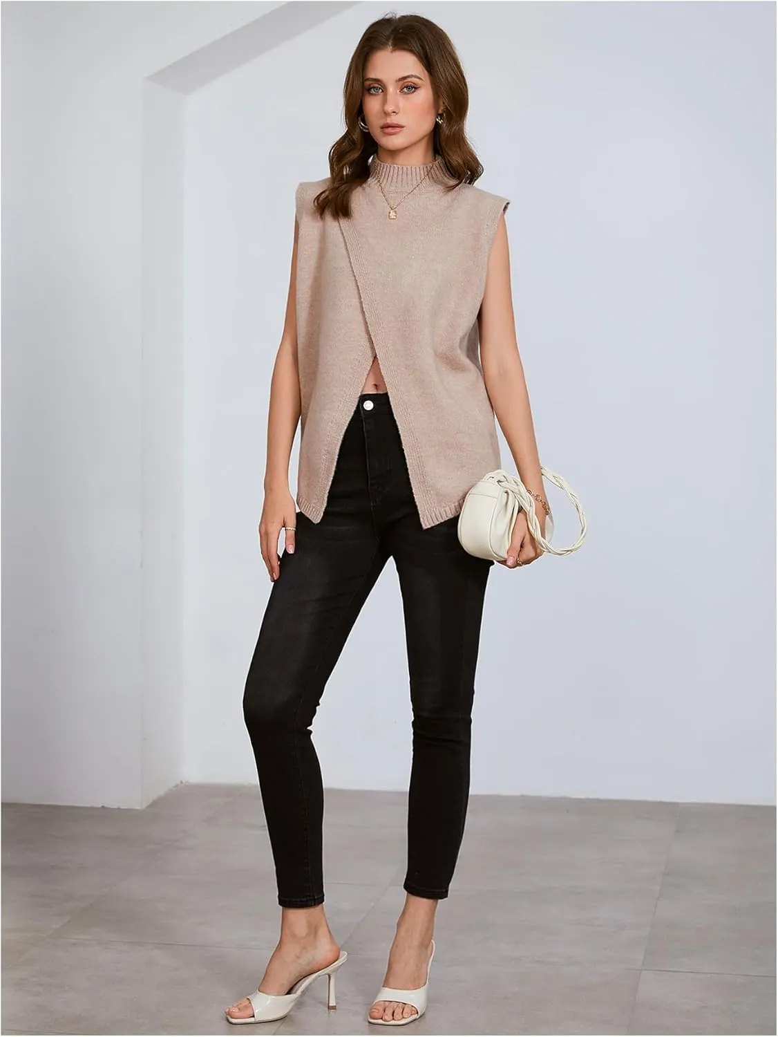 Verdusa Women's Mock Neck Sleeveless Split Wrap Sweater Vest Pullovers