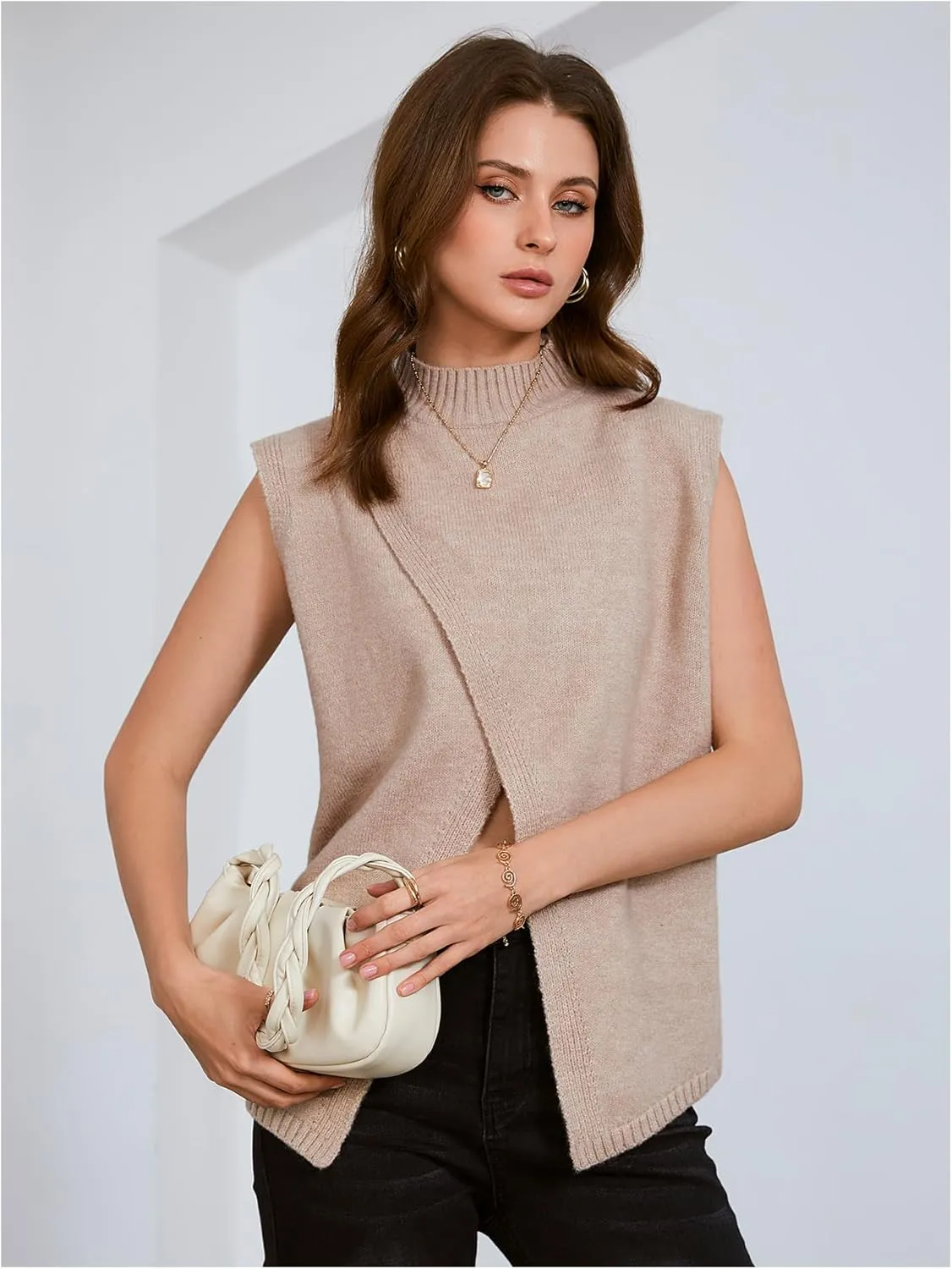 Verdusa Women's Mock Neck Sleeveless Split Wrap Sweater Vest Pullovers