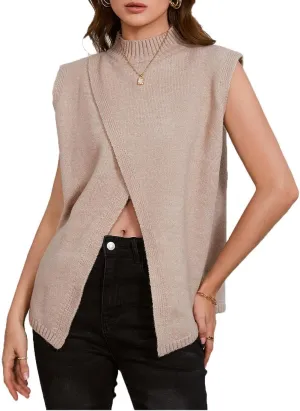 Verdusa Women's Mock Neck Sleeveless Split Wrap Sweater Vest Pullovers