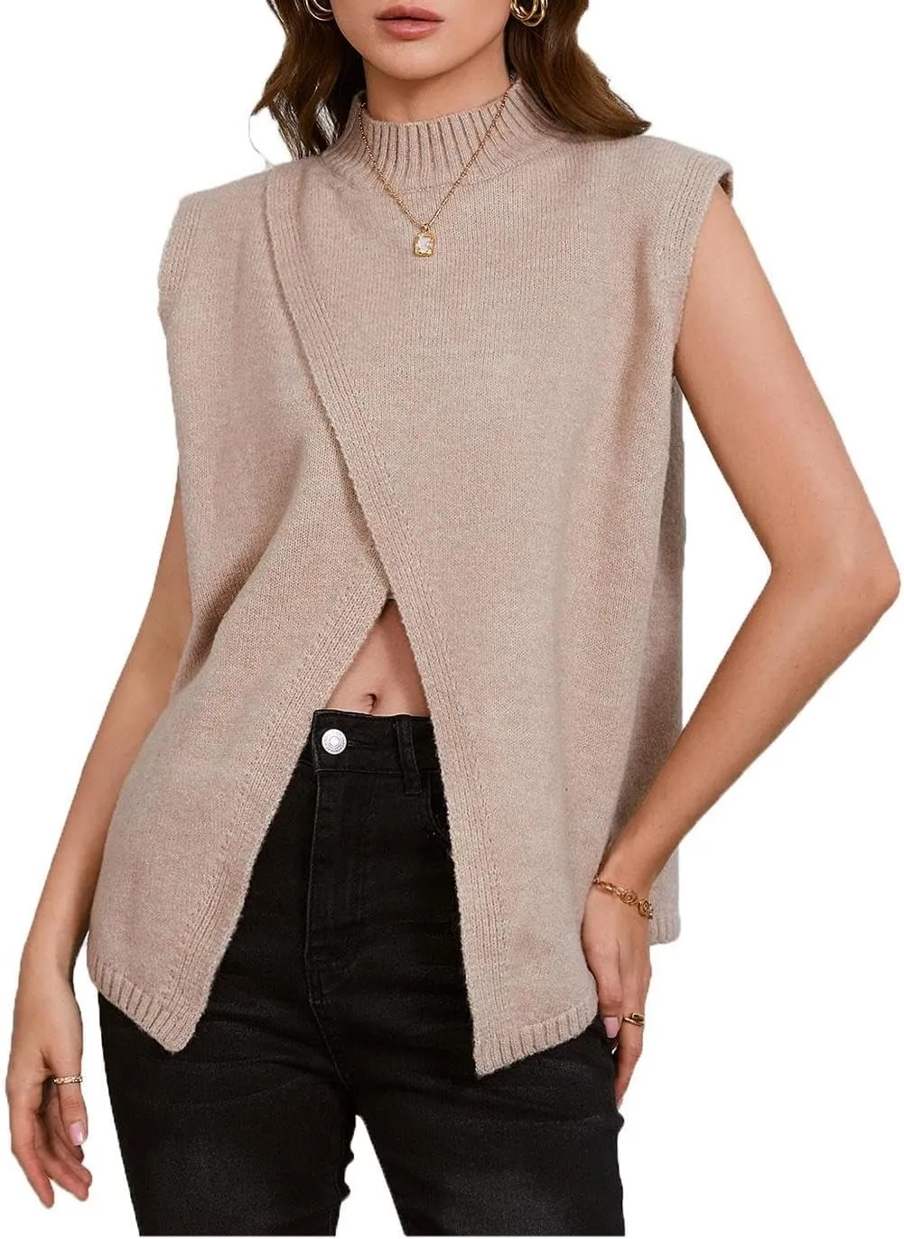 Verdusa Women's Mock Neck Sleeveless Split Wrap Sweater Vest Pullovers
