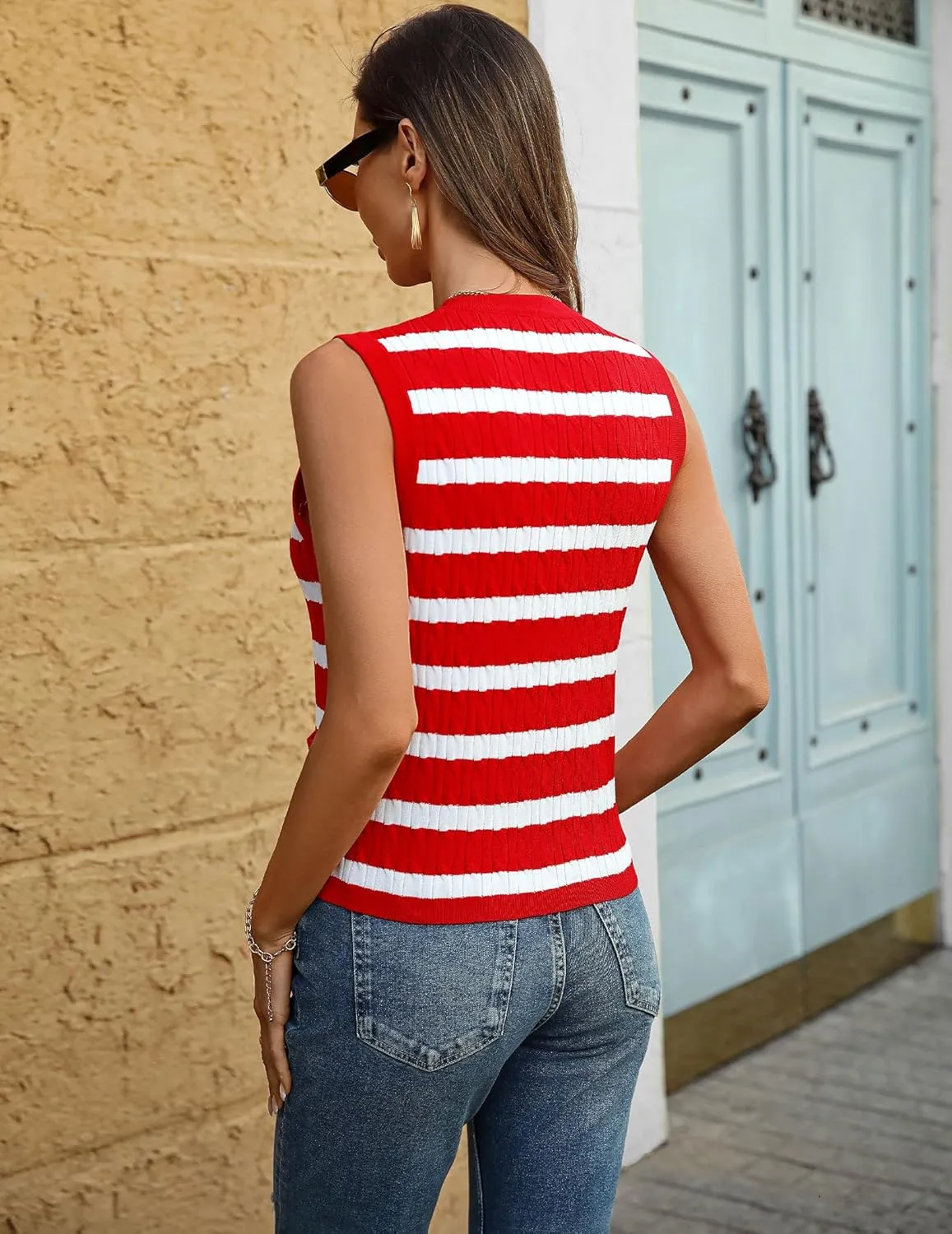 Women V Neck Sweater Vest Cable Knit Button Down Striped Tank Top Casual Crochet Knitted Sleeveless Cardigan