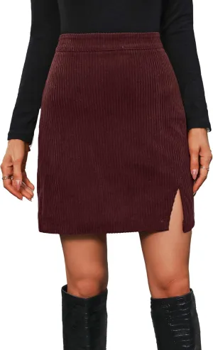 Women's Corduroy Split Hem Mini Skirt High Waist Bodycon Pencil Skirt