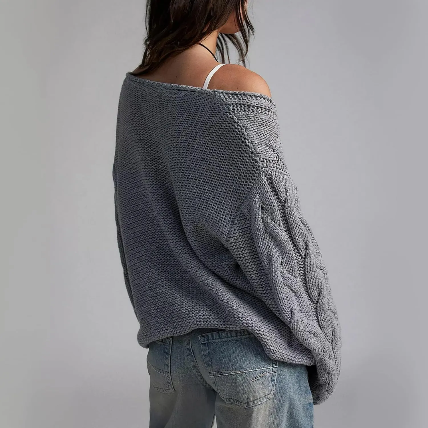 Womens Oversized Sweater Slouchy Wide V Neck Pullover Sweater Casual Long Sleeve Cable Knit Chunky Sweaters Tops