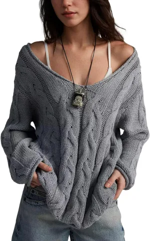 Womens Oversized Sweater Slouchy Wide V Neck Pullover Sweater Casual Long Sleeve Cable Knit Chunky Sweaters Tops