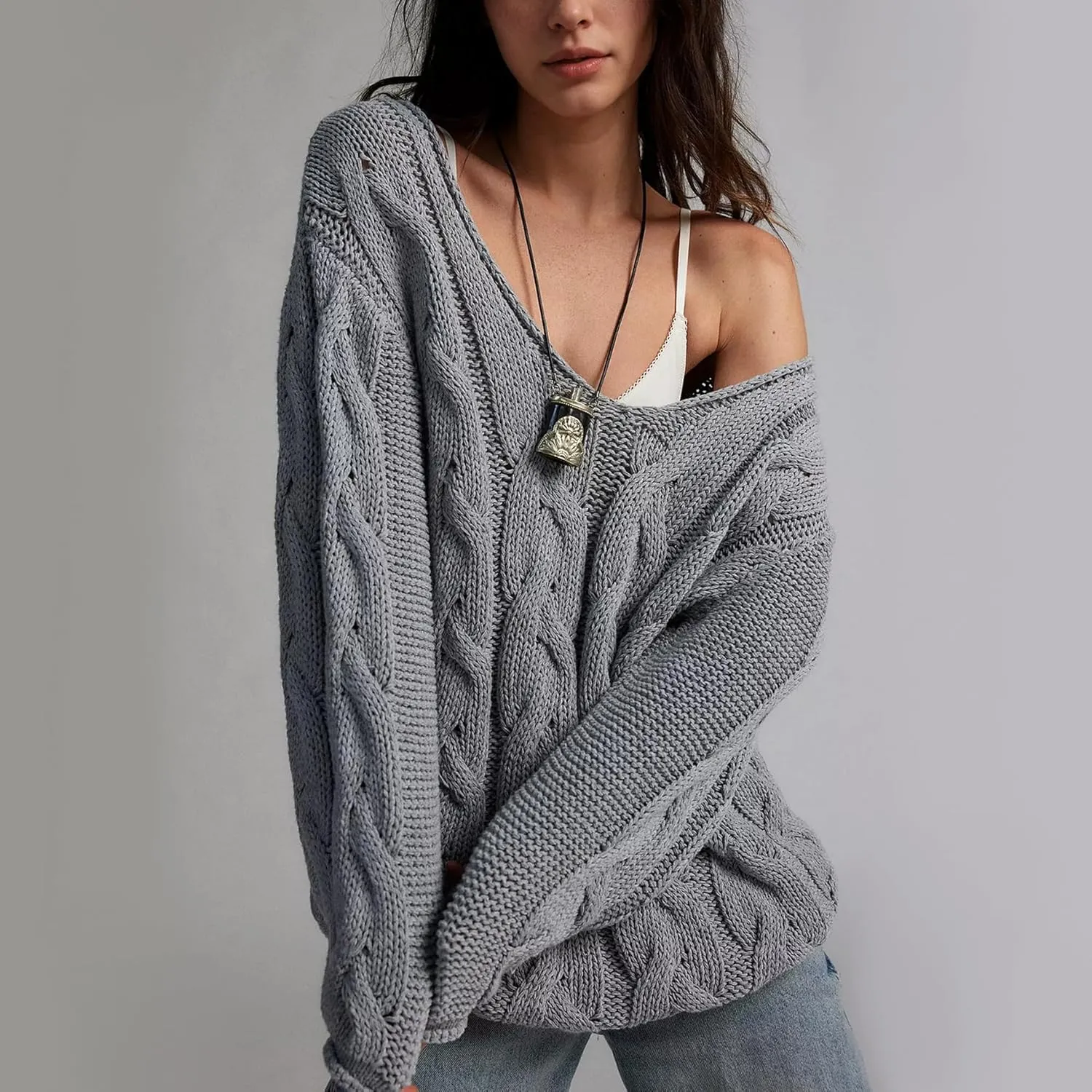Womens Oversized Sweater Slouchy Wide V Neck Pullover Sweater Casual Long Sleeve Cable Knit Chunky Sweaters Tops