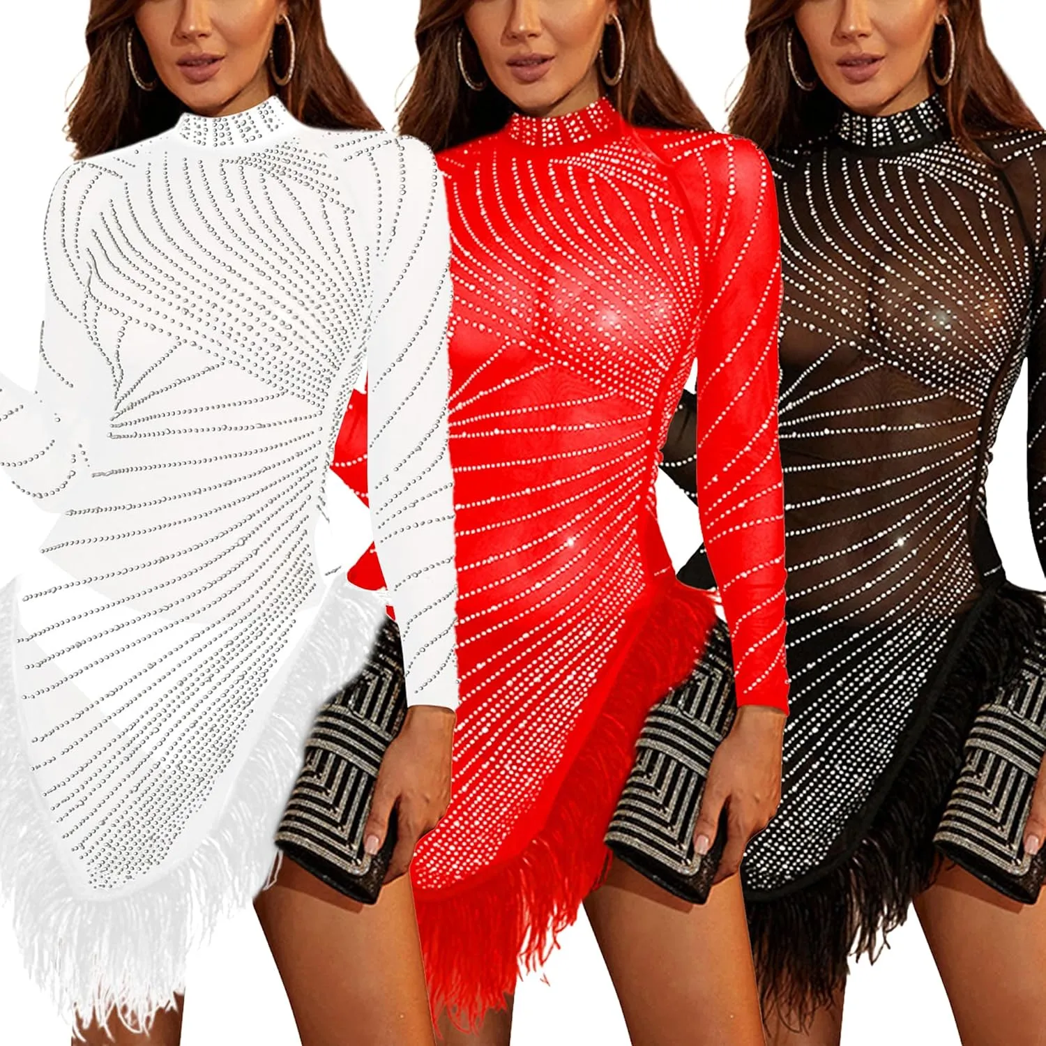 Zoctuo Women's Sexy Elegant Rhinestone Birthday Dress Sparkly Mesh See Through Hot Drilling Party Club Night Outfits